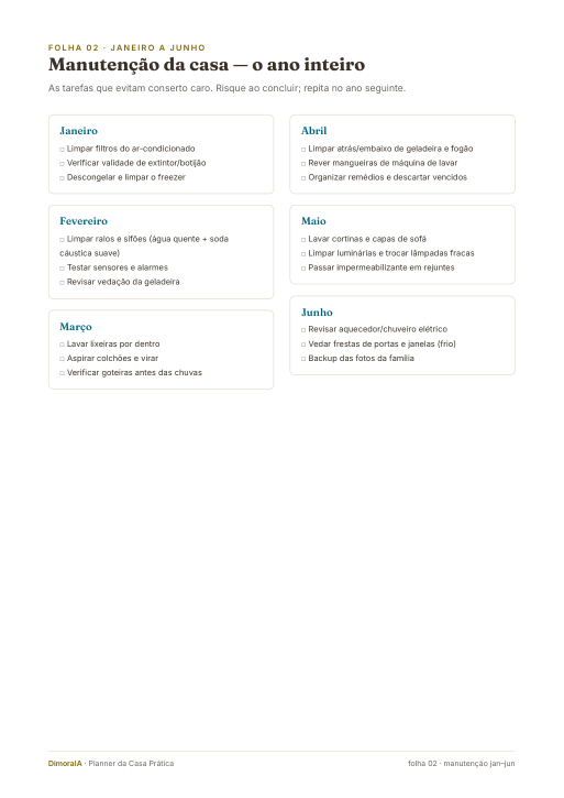 Amostra: página de calendário de manutenção do Planner da Casa Prática